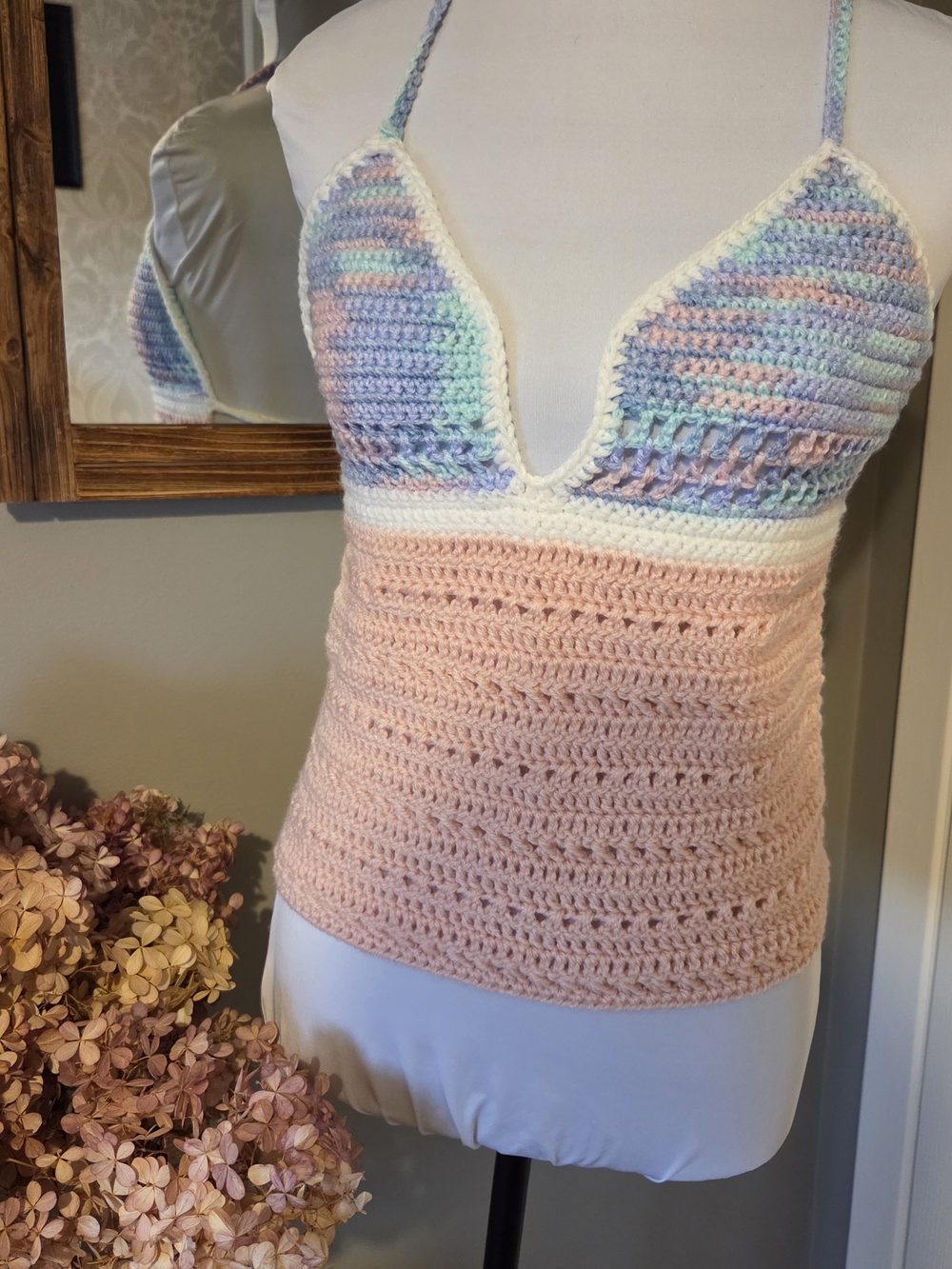 Handmade- Crochet Pastel Halter Top - Pink/ Multicolour